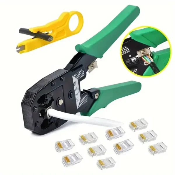 3 in 1 RJ45 Crimping Tool With 10 Pcs Cat6 Connector – Professional Network Cable Crimper, Cutter & Stripper for Cat5/Cat6 Ethernet Cable