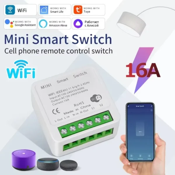 16A Smart Life WiFi Smart Switch Mini Relay | 2-Way Control Smart Breaker Compatible with Tuya, Alexa & Google Home